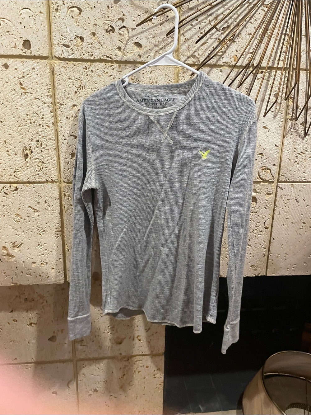 American Eagle Outfitters Gray Waffle Long-Sleeve Tee with Yellow Logo